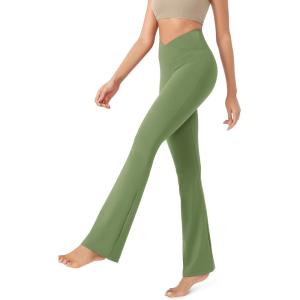 imageODODOS Womens Cross Waist Bootcut Yoga Pants with Inner Pocket Non See Through Bootleg Gym Workout PantsLight Olive