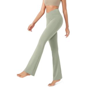 imageODODOS Womens Cross Waist Bootcut Yoga Pants with Inner Pocket Non See Through Bootleg Gym Workout PantsLime Stone