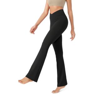 imageODODOS Womens Cross Waist Bootcut Yoga Pants with Inner Pocket Non See Through Bootleg Gym Workout PantsOnyx Black Grey