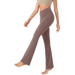 imageODODOS Womens Cross Waist Bootcut Yoga Pants with Inner Pocket Non See Through Bootleg Gym Workout PantsPurple Taupe