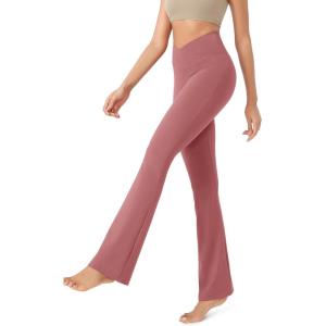 imageODODOS Womens Cross Waist Bootcut Yoga Pants with Inner Pocket Non See Through Bootleg Gym Workout PantsRaspberry