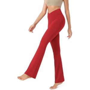 imageODODOS Womens Cross Waist Bootcut Yoga Pants with Inner Pocket Non See Through Bootleg Gym Workout PantsRed