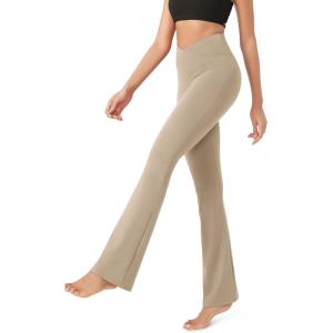 imageODODOS Womens Cross Waist Bootcut Yoga Pants with Inner Pocket Non See Through Bootleg Gym Workout PantsShaker Beige