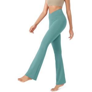 imageODODOS Womens Cross Waist Bootcut Yoga Pants with Inner Pocket Non See Through Bootleg Gym Workout PantsTeal