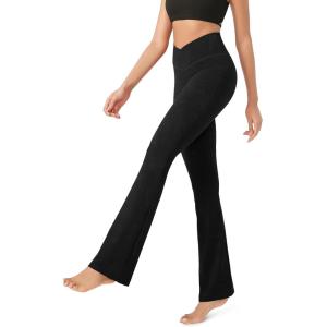 imageODODOS Womens Cross Waist Bootcut Yoga Pants with Inner Pocket Non See Through Bootleg Gym Workout PantsWave Black