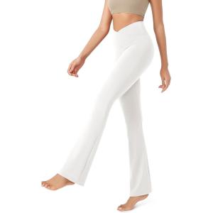 imageODODOS Womens Cross Waist Bootcut Yoga Pants with Inner Pocket Non See Through Bootleg Gym Workout PantsWhite