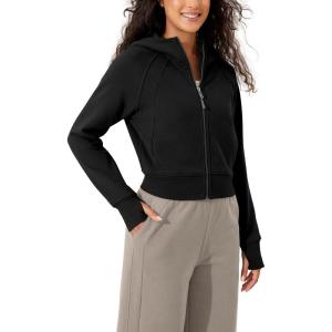 imageODODOS FullZip Cropped Hoodies for Women Fleece Lined Long Sleeve Crop Sweatshirts with Thumb HoleBlack