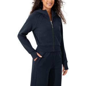 imageODODOS FullZip Cropped Hoodies for Women Fleece Lined Long Sleeve Crop Sweatshirts with Thumb HoleDeep Navy