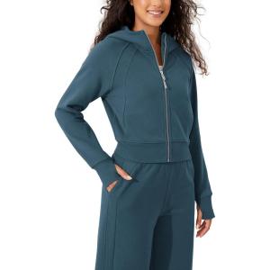 imageODODOS FullZip Cropped Hoodies for Women Fleece Lined Long Sleeve Crop Sweatshirts with Thumb HoleInk Blue