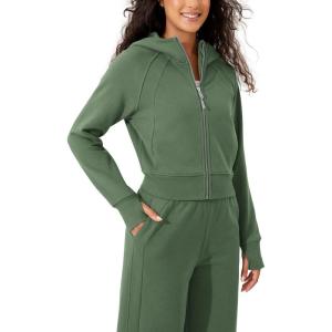 imageODODOS FullZip Cropped Hoodies for Women Fleece Lined Long Sleeve Crop Sweatshirts with Thumb HoleMedium Olive