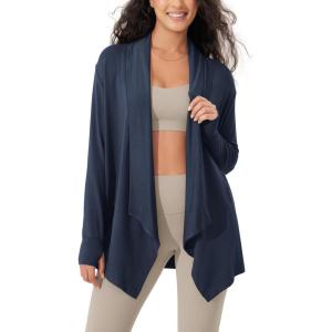 imageODODOS Womens Drape Open Front Cardigans Cozy Soft Long Sleeve Casual Wrap Outerwear with Pockets Thumb HoleNavy