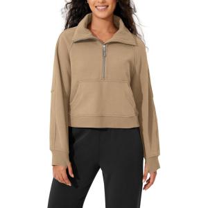 imageODODOS Womens Fleece Lined Half Zip Sweatshirts Funnel Neck Long Sleeve Oversized Pullover Fall Winter OutfitsKhaki