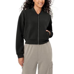 imageODODOS Modal Soft FullZip Bomber Jacket for Women Long Sleeve Casual Fall Outfit Crop Top with PocketsBlack