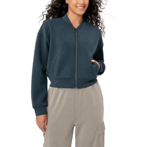 imageODODOS Modal Soft FullZip Bomber Jacket for Women Long Sleeve Casual Fall Outfit Crop Top with PocketsDeep Blue