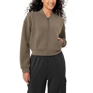 imageODODOS Modal Soft FullZip Bomber Jacket for Women Long Sleeve Casual Fall Outfit Crop Top with PocketsEspresso