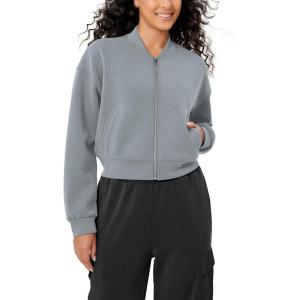 imageODODOS Modal Soft FullZip Bomber Jacket for Women Long Sleeve Casual Fall Outfit Crop Top with PocketsGrey Blue