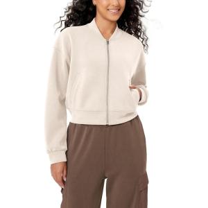 imageODODOS Modal Soft FullZip Bomber Jacket for Women Long Sleeve Casual Fall Outfit Crop Top with PocketsIvory