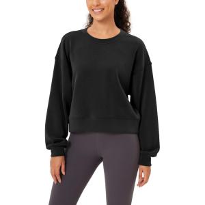 imageODODOS Modal Soft Long Sleeve Cropped Sweatshirts for Women Oversized Crew Neck Pullover Crop TopBlack Fleeced