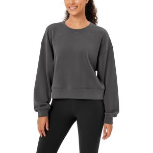 imageODODOS Modal Soft Long Sleeve Cropped Sweatshirts for Women Oversized Crew Neck Pullover Crop TopCharcoal Fleeced