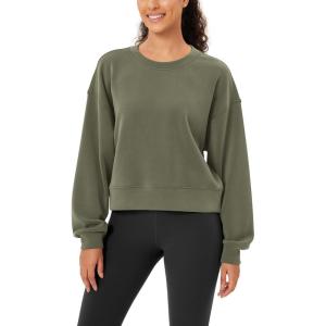 imageODODOS Modal Soft Long Sleeve Cropped Sweatshirts for Women Oversized Crew Neck Pullover Crop TopDark Sage Fleeced