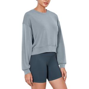 imageODODOS Modal Soft Long Sleeve Cropped Sweatshirts for Women Oversized Crew Neck Pullover Crop TopGrey Blue