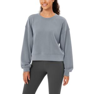 imageODODOS Modal Soft Long Sleeve Cropped Sweatshirts for Women Oversized Crew Neck Pullover Crop TopGrey Blue Fleeced