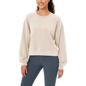 imageODODOS Modal Soft Long Sleeve Cropped Sweatshirts for Women Oversized Crew Neck Pullover Crop TopIvory Fleeced