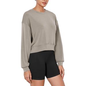 imageODODOS Modal Soft Long Sleeve Cropped Sweatshirts for Women Oversized Crew Neck Pullover Crop TopKhaki