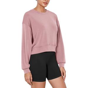 imageODODOS Modal Soft Long Sleeve Cropped Sweatshirts for Women Oversized Crew Neck Pullover Crop TopLight Pink