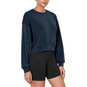 imageODODOS Modal Soft Long Sleeve Cropped Sweatshirts for Women Oversized Crew Neck Pullover Crop TopNavy
