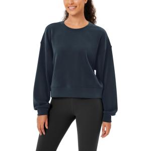 imageODODOS Modal Soft Long Sleeve Cropped Sweatshirts for Women Oversized Crew Neck Pullover Crop TopNavy Fleeced