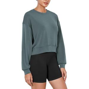 imageODODOS Modal Soft Long Sleeve Cropped Sweatshirts for Women Oversized Crew Neck Pullover Crop TopSlate Green