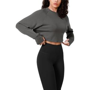 imageODODOS Modal Soft Long Sleeve Cropped Sweatshirts with Thumb Hole for Women Crew Neck Pullover Crop TopCharcoal