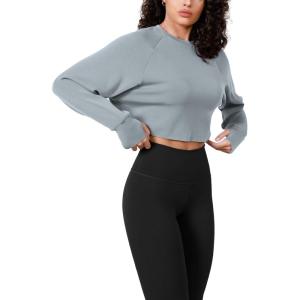 imageODODOS Modal Soft Long Sleeve Cropped Sweatshirts with Thumb Hole for Women Crew Neck Pullover Crop TopGrey Blue