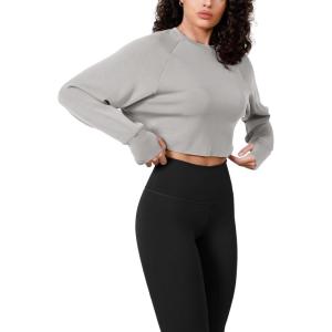 imageODODOS Modal Soft Long Sleeve Cropped Sweatshirts with Thumb Hole for Women Crew Neck Pullover Crop TopLight Gray