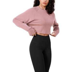 imageODODOS Modal Soft Long Sleeve Cropped Sweatshirts with Thumb Hole for Women Crew Neck Pullover Crop TopLight Pink