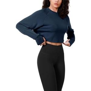 imageODODOS Modal Soft Long Sleeve Cropped Sweatshirts with Thumb Hole for Women Crew Neck Pullover Crop TopNavy