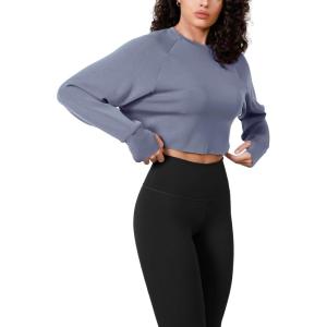 imageODODOS Modal Soft Long Sleeve Cropped Sweatshirts with Thumb Hole for Women Crew Neck Pullover Crop TopPurple Gray