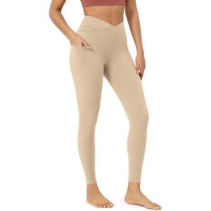 imageODODOS Womens Gathered Cross Waist Yoga Leggings with Pockets 25quot  28quot Crossover Workout Yoga PantsBeige