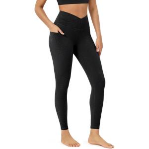 imageODODOS Womens Gathered Cross Waist Yoga Leggings with Pockets 25quot  28quot Crossover Workout Yoga PantsLeopard Spots Black