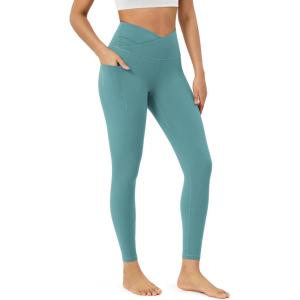 imageODODOS Womens Gathered Cross Waist Yoga Leggings with Pockets 25quot  28quot Crossover Workout Yoga PantsTeal