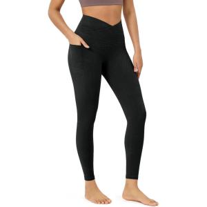 imageODODOS Womens Gathered Cross Waist Yoga Leggings with Pockets 25quot  28quot Crossover Workout Yoga PantsWave Black