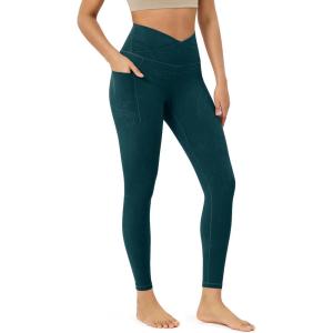 imageODODOS Womens Gathered Cross Waist Yoga Leggings with Pockets 25quot  28quot Crossover Workout Yoga PantsWave Forest Teal
