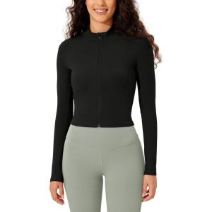 imageODODOS Womens Cloud Feeling Athletic Jacket Full Zip Mock Neck Long Sleeve Lightweight Workout Cropped TopBlack