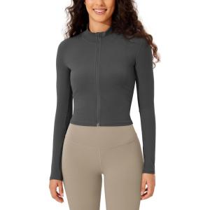 imageODODOS Womens Cloud Feeling Athletic Jacket Full Zip Mock Neck Long Sleeve Lightweight Workout Cropped TopCharcoal