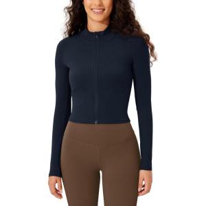 imageODODOS Womens Cloud Feeling Athletic Jacket Full Zip Mock Neck Long Sleeve Lightweight Workout Cropped TopDeep Navy