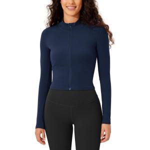 imageODODOS Womens Cloud Feeling Athletic Jacket Full Zip Mock Neck Long Sleeve Lightweight Workout Cropped TopNavy