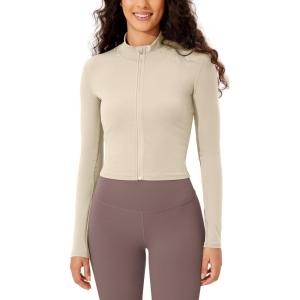 imageODODOS Womens Cloud Feeling Athletic Jacket Full Zip Mock Neck Long Sleeve Lightweight Workout Cropped TopOat Milk