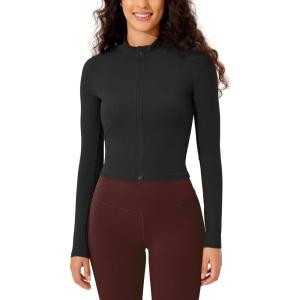 imageODODOS Womens Cloud Feeling Athletic Jacket Full Zip Mock Neck Long Sleeve Lightweight Workout Cropped TopOnyx Black Grey