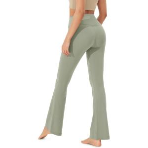 imageODODOS Womens Cloud Feeling Crossover Flared Pants with Back Pocket High Waist Bootcut Lounge Yoga Pants3032quot InseamLime Stone